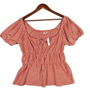 Madewell Omaha Top Women's XL Orange White Gingham Check Peplum Puff Sleeve NWT